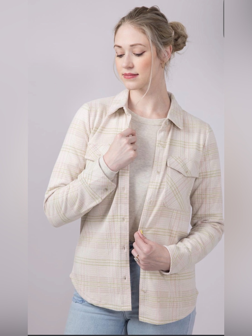 Hem & Thread Plaid Button-Down Shirt Jacket in Soft Pink and Cream
